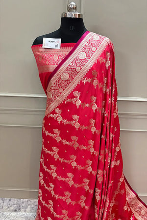 Peach Papakipari Katan Silk Banarasi Saree