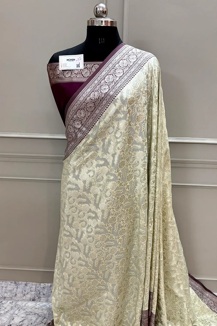 White and Wine Gulabi Jaal Katan Silk Banarasi Saree