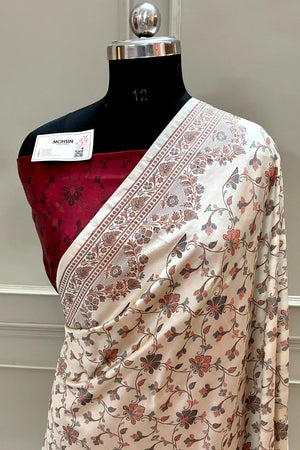 Beige and Maroon Resham Silk Banarasi Saree