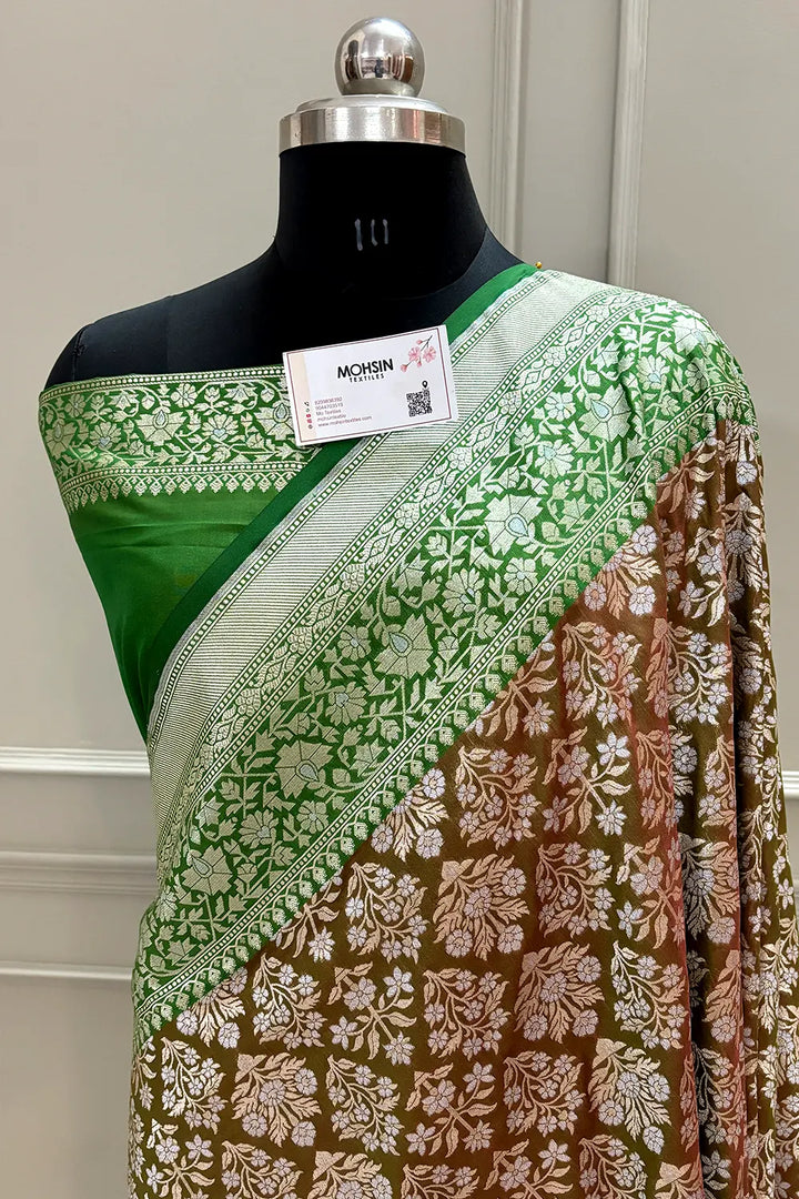 Brown and Green Temple Buta Katan Silk Banarasi Saree