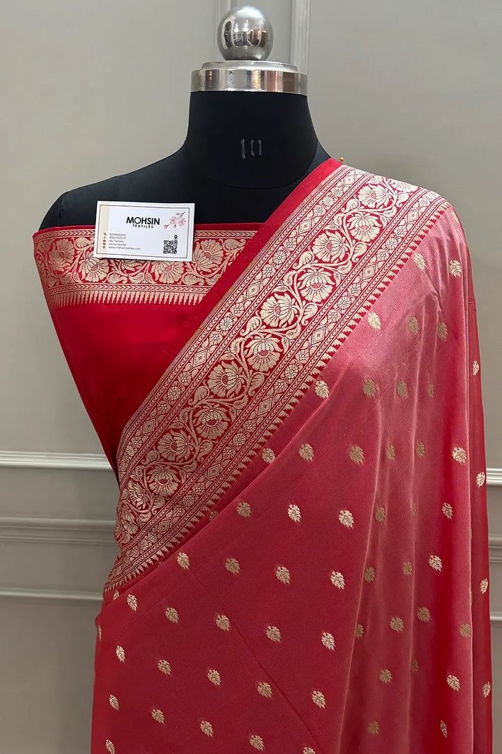 Light Red and Red Rudraksha Buti Katan Silk Banarasi Saree