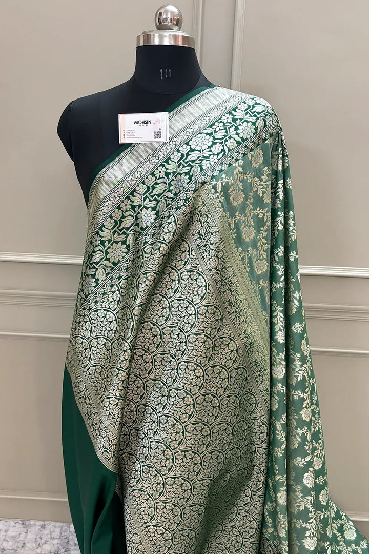 Mint Green and Bottle Green Maharani Jaal Crepe Silk Banarasi Saree