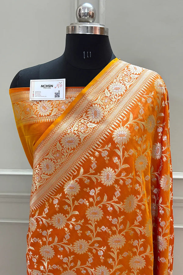 Orange Ganga Jamuna Crepe Silk Banarasi Saree