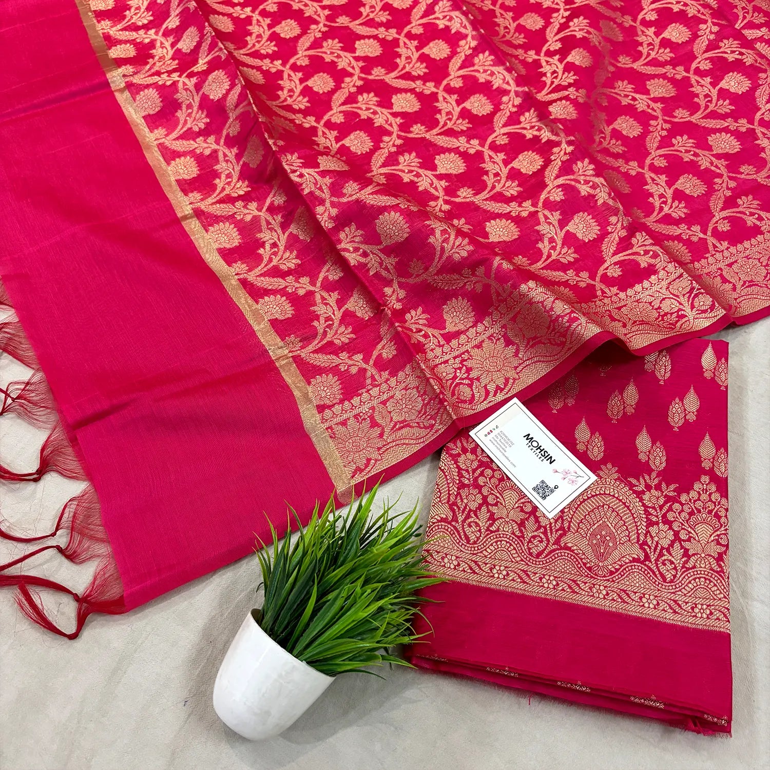 Rani Pink Golden Zari Banarasi Silk Suit