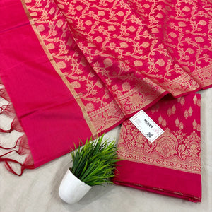 Rani Pink Golden Zari Banarasi Silk Suit