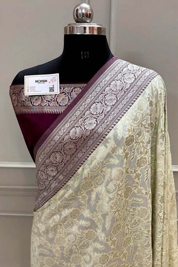 White and Wine Gulabi Jaal Katan Silk Banarasi Saree