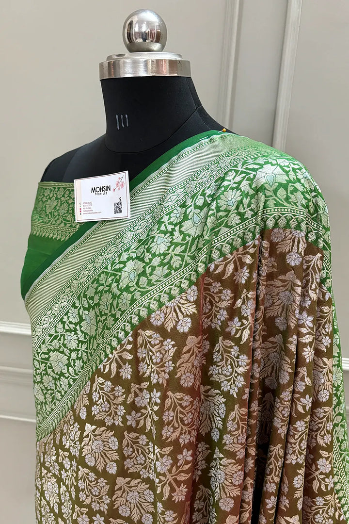 Brown and Green Temple Buta Katan Silk Banarasi Saree