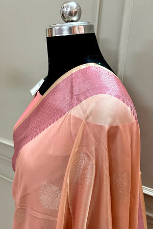 Light Peach and Pink Golden Zari Banarasi Silk Saree