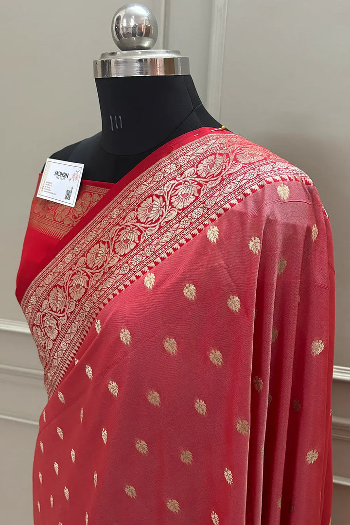 Light Red and Red Rudraksha Buti Katan Silk Banarasi Saree