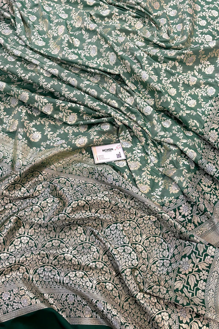 Mint Green and Bottle Green Maharani Jaal Crepe Silk Banarasi Saree