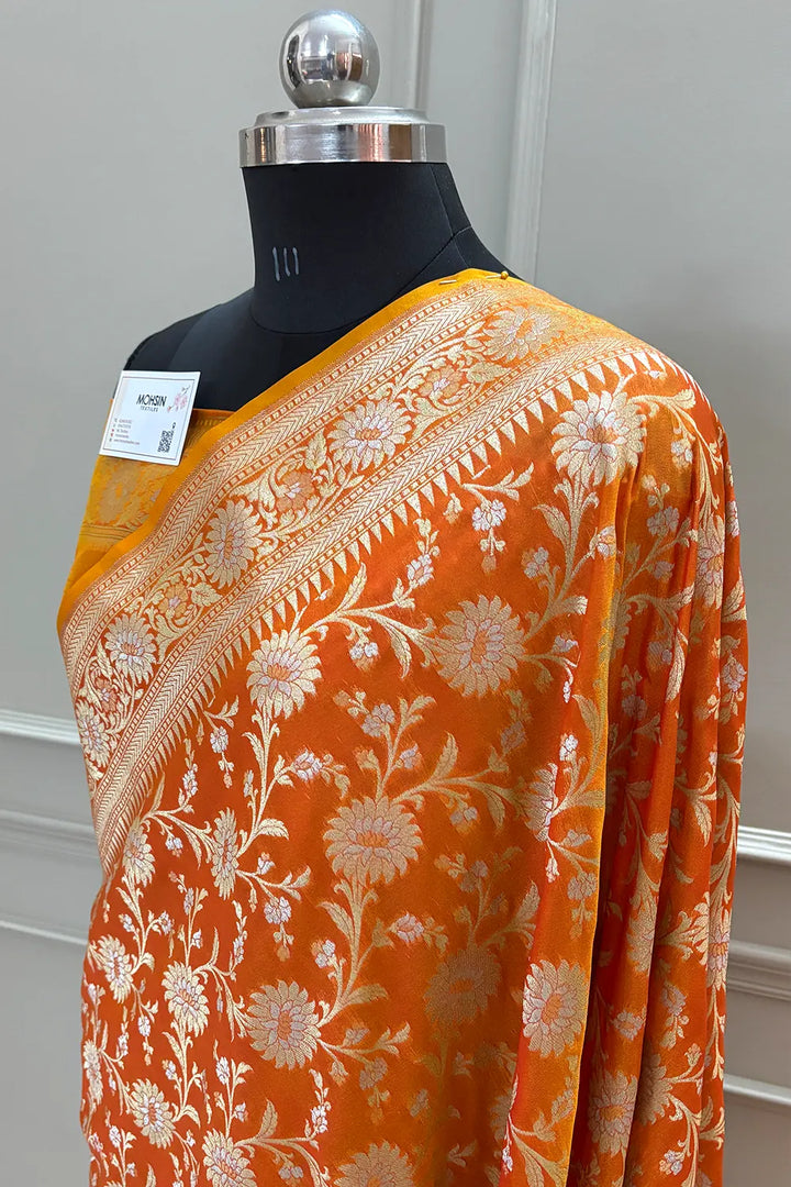 Orange Ganga Jamuna Crepe Silk Banarasi Saree