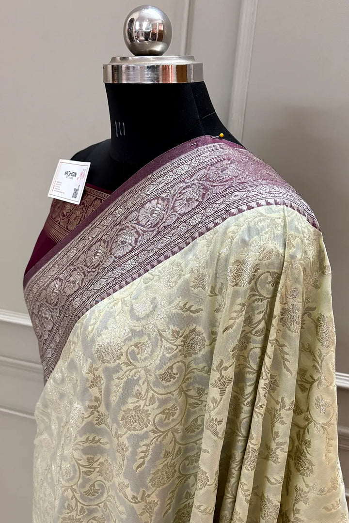 White and Wine Gulabi Jaal Katan Silk Banarasi Saree