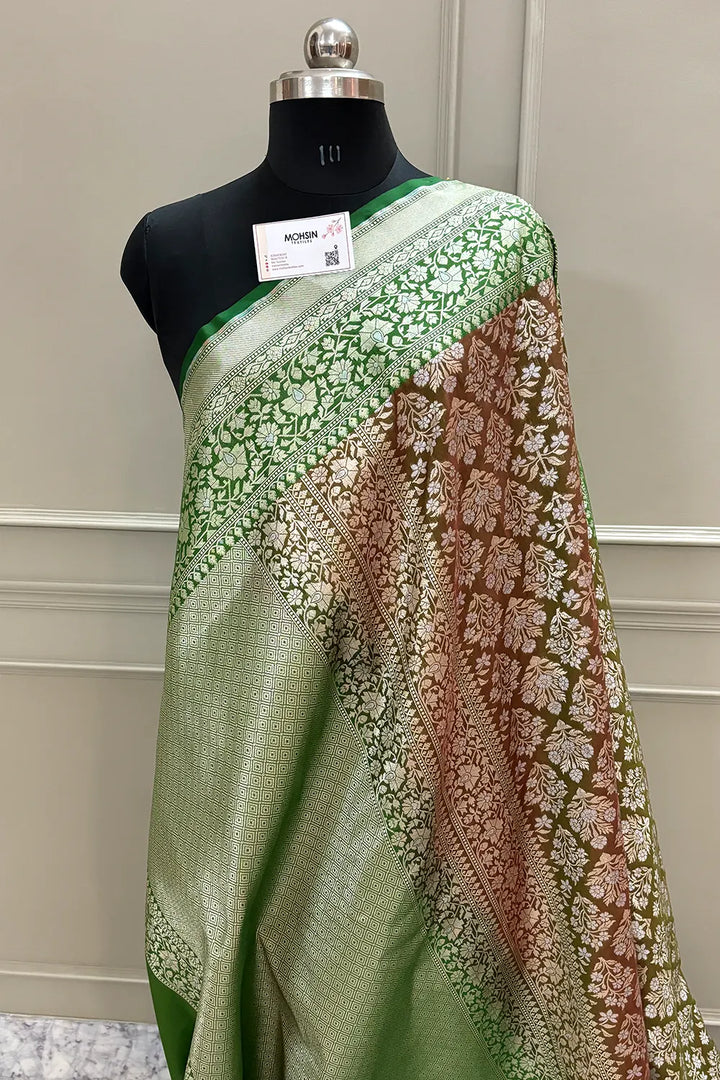 Brown and Green Temple Buta Katan Silk Banarasi Saree