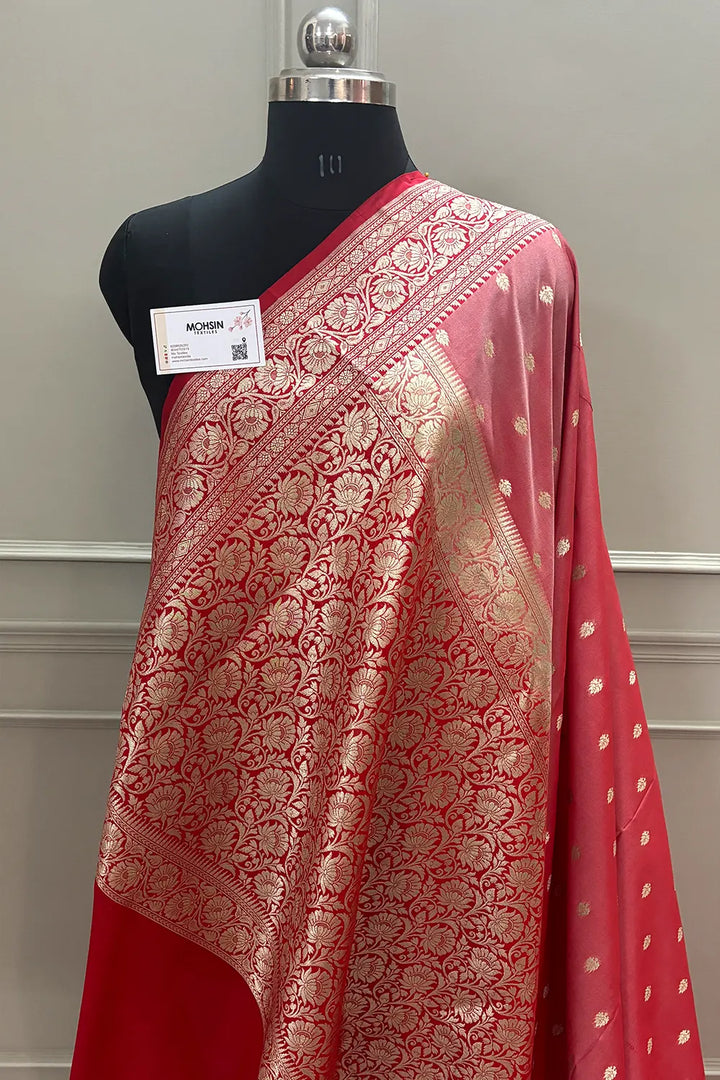 Light Red and Red Rudraksha Buti Katan Silk Banarasi Saree