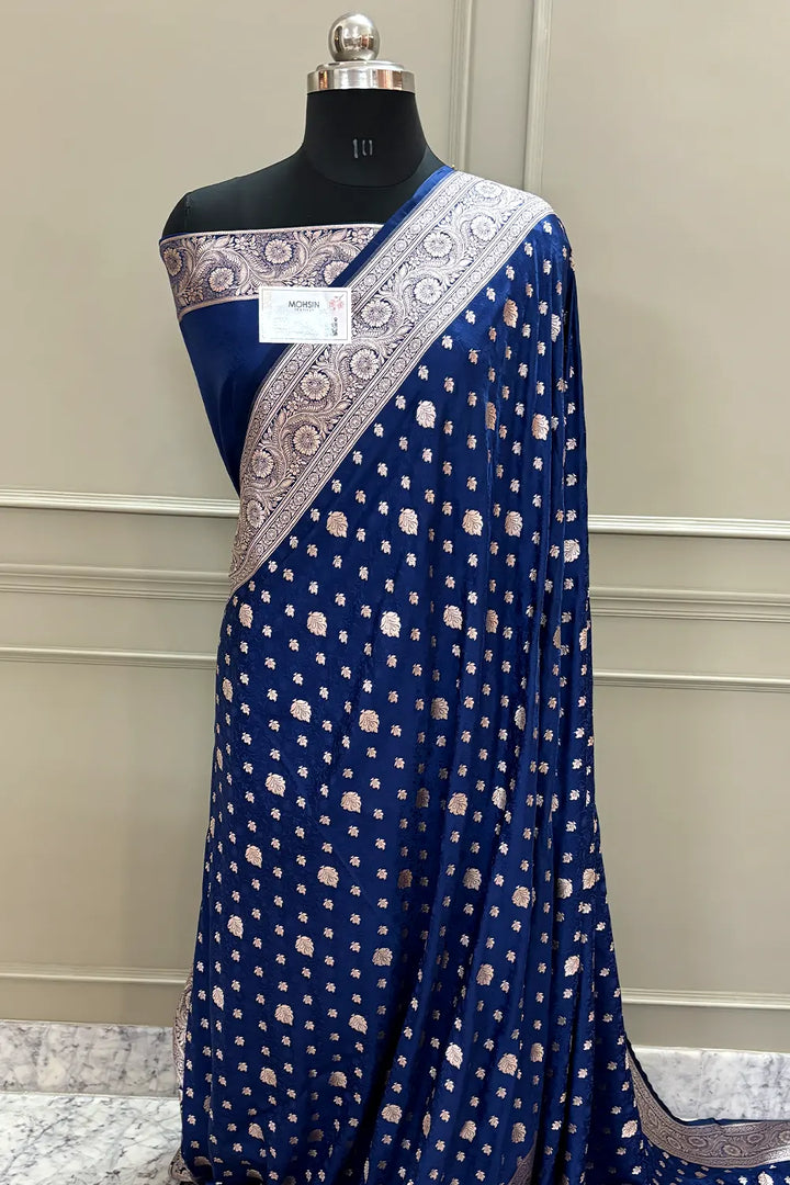 Navy Blue Chunni Munni Buti Katan Silk Banarasi Saree