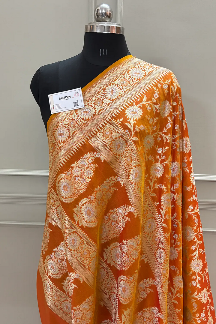 Orange Ganga Jamuna Crepe Silk Banarasi Saree