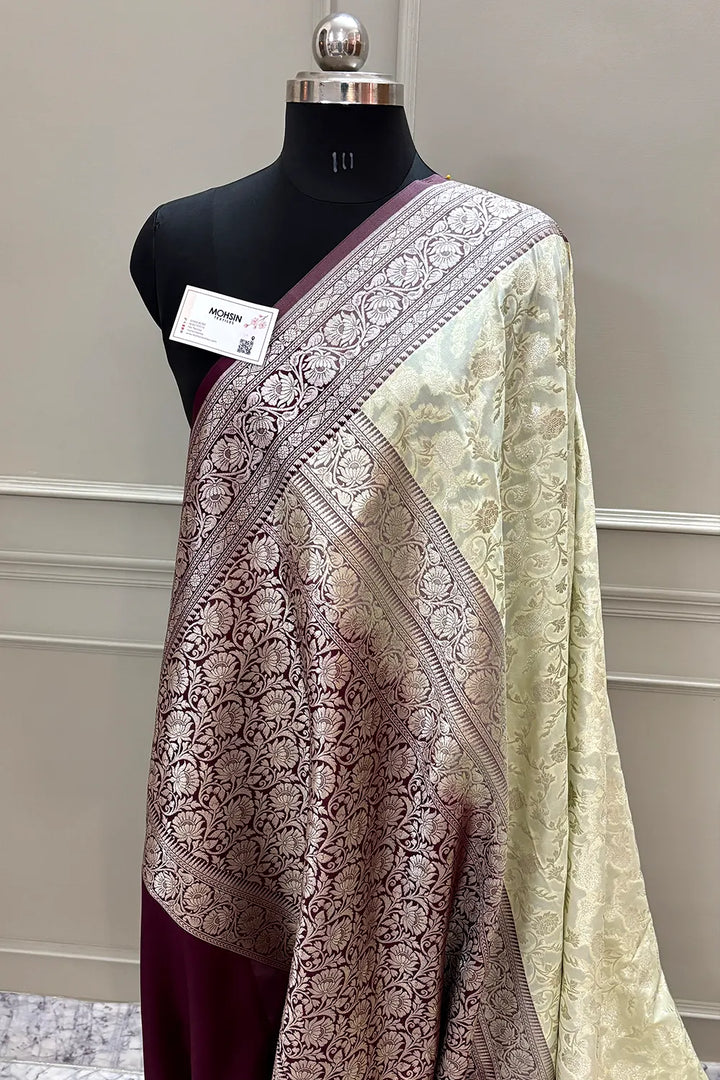 White and Wine Gulabi Jaal Katan Silk Banarasi Saree