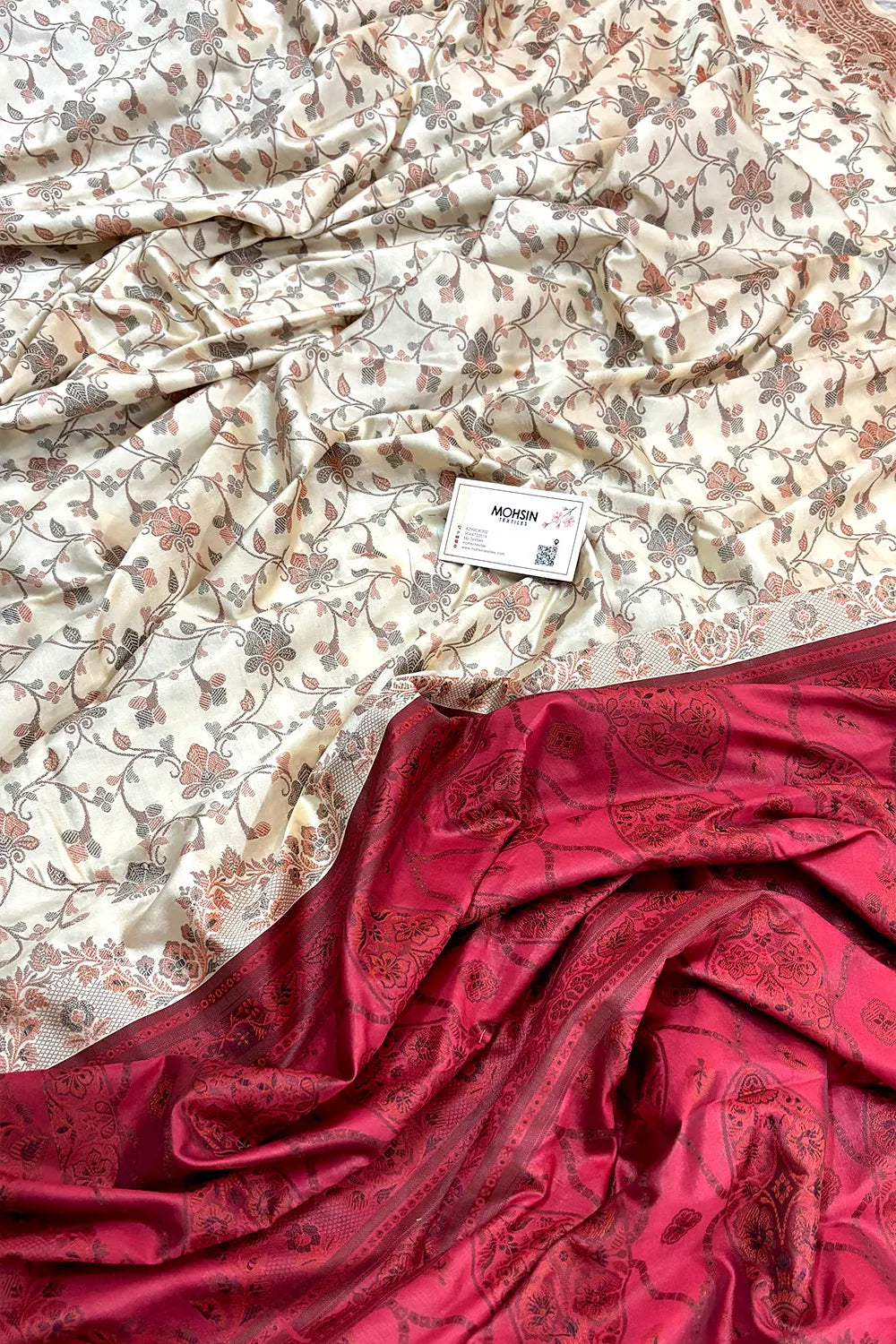 Beige and Maroon Resham Silk Banarasi Saree