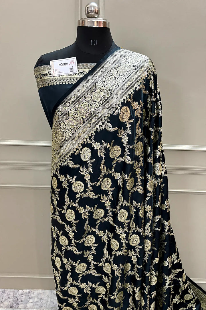 Black Shahanshahi Jaal Katan Silk Banarasi Saree