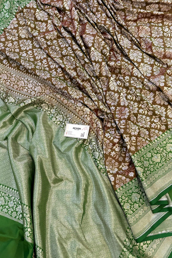 Brown and Green Temple Buta Katan Silk Banarasi Saree