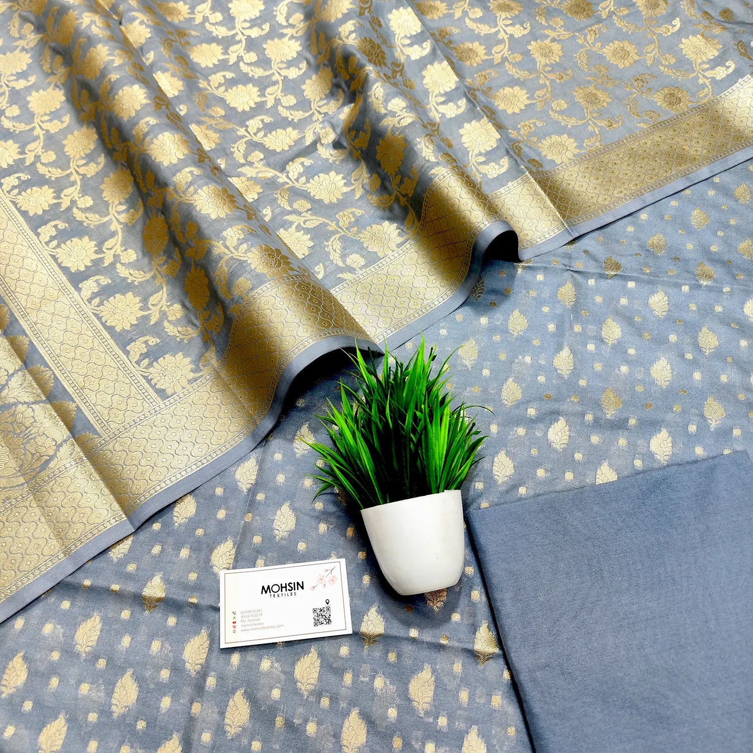 Grey Kalli Patta Katan Silk Banarasi Suit