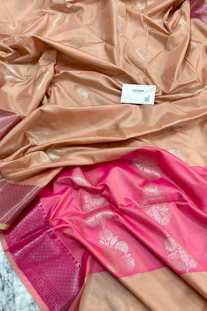 Light Peach and Pink Golden Zari Banarasi Silk Saree