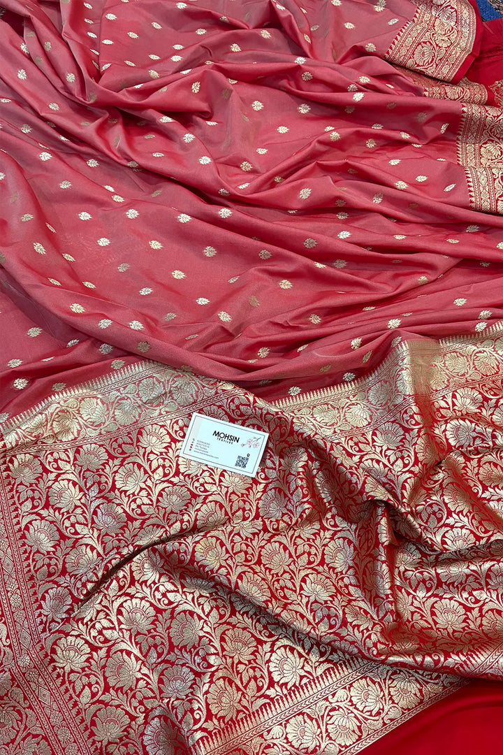 Light Red and Red Rudraksha Buti Katan Silk Banarasi Saree