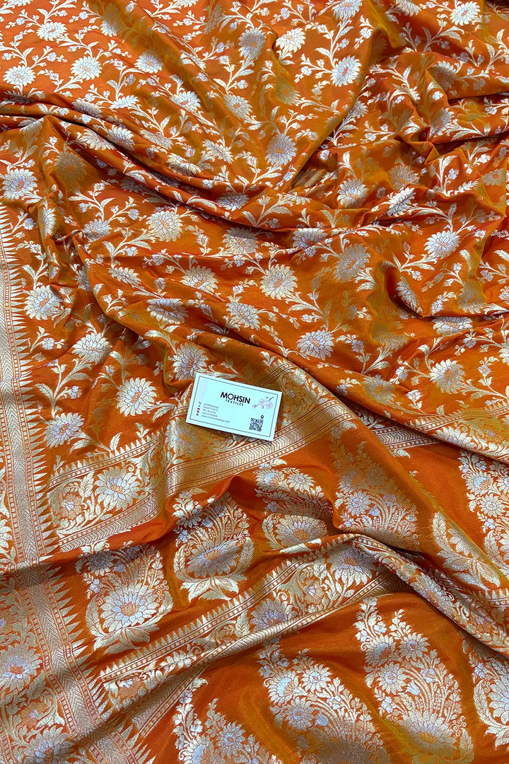 Orange Ganga Jamuna Crepe Silk Banarasi Saree