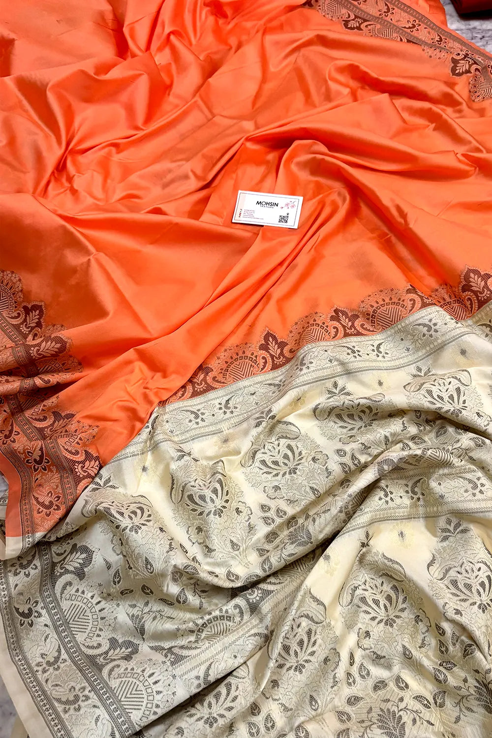 Orange and Beige Plain Resham Silk Banarasi Saree