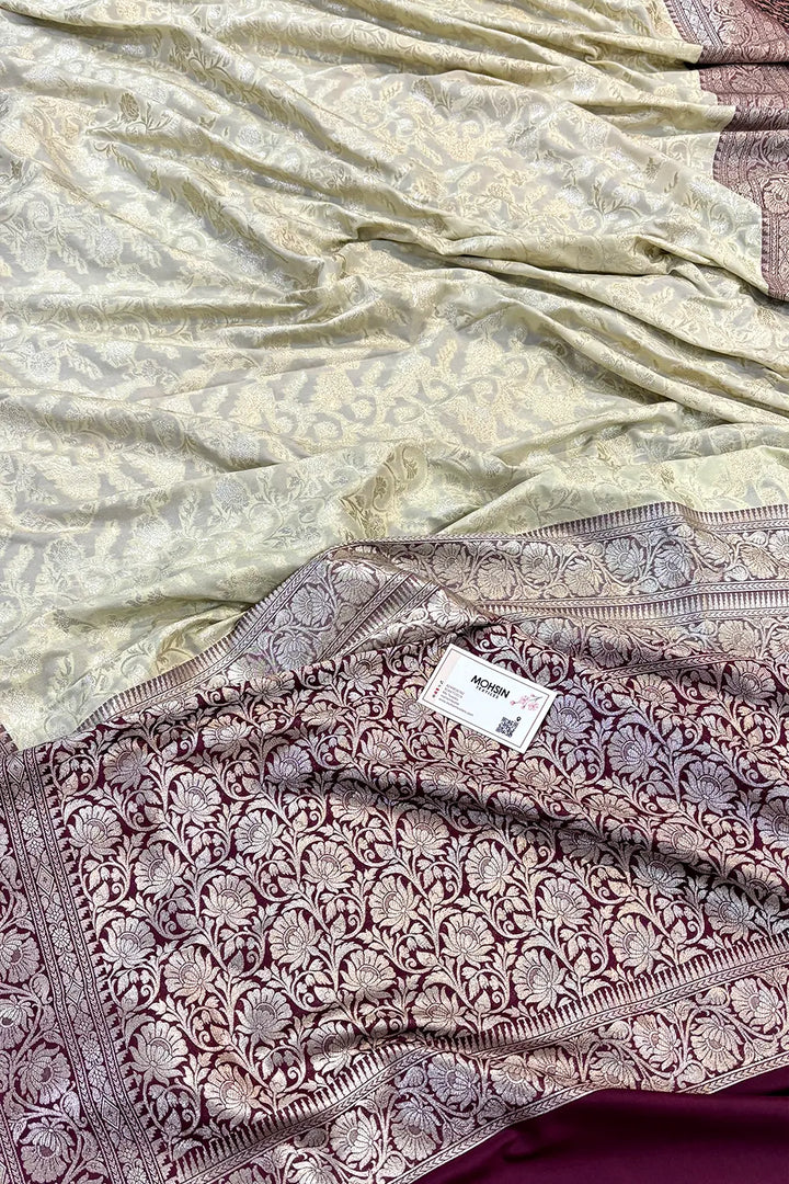 White and Wine Gulabi Jaal Katan Silk Banarasi Saree