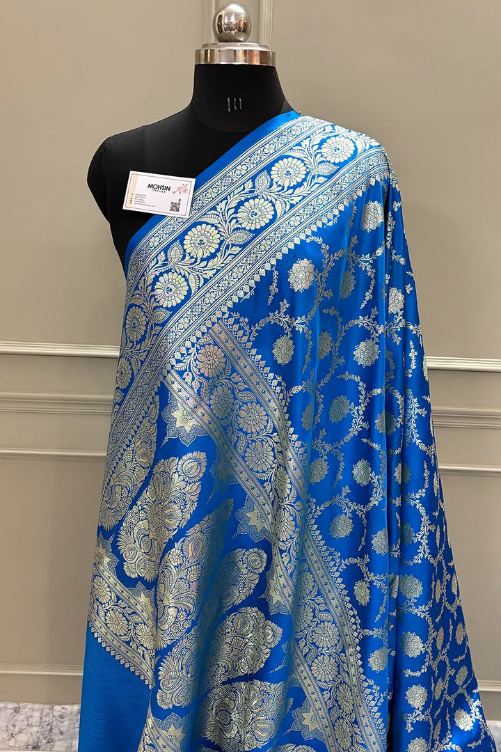 Firozi Murmuri Jaal Katan Silk Banarasi Saree