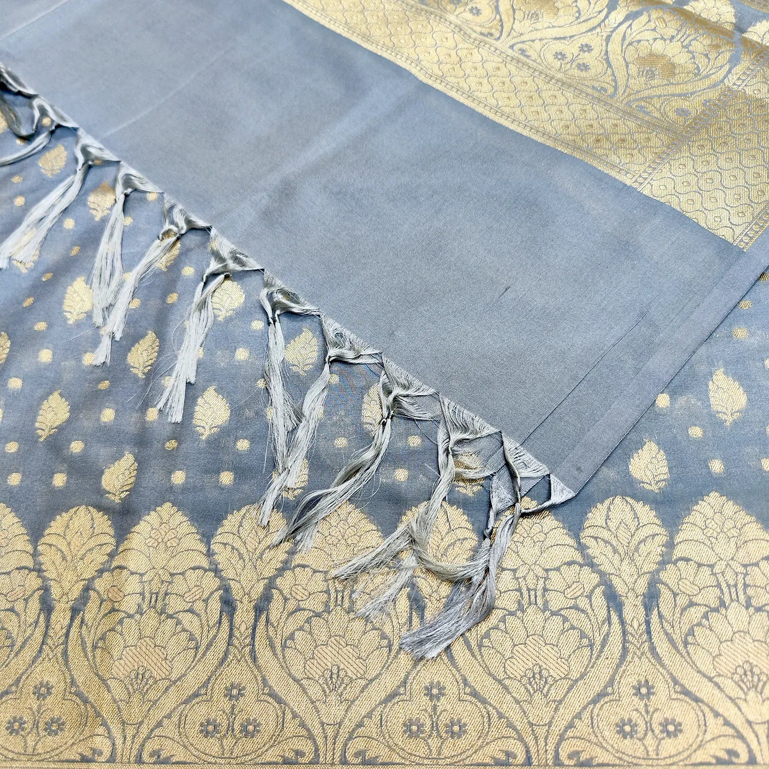 Grey Kalli Patta Katan Silk Banarasi Suit