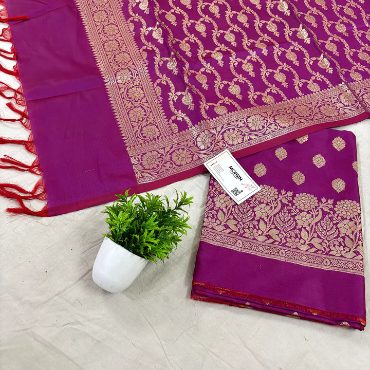 Magenta Kiyari Buti Satin Silk Banarasi Suit