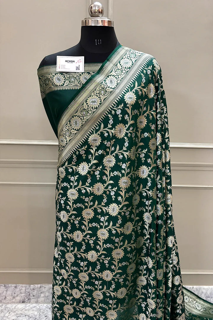 Bottle Green Ganga Jamuna Crepe Silk Banarasi Saree