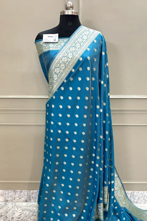Firozi Ghonga Buti Katan Silk Banarasi Saree
