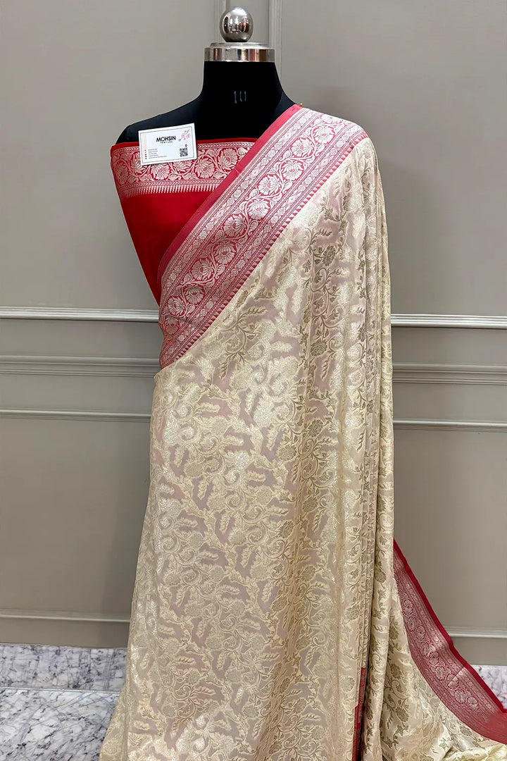 White and Red Gulabi Jaal Katan Silk Banarasi Saree