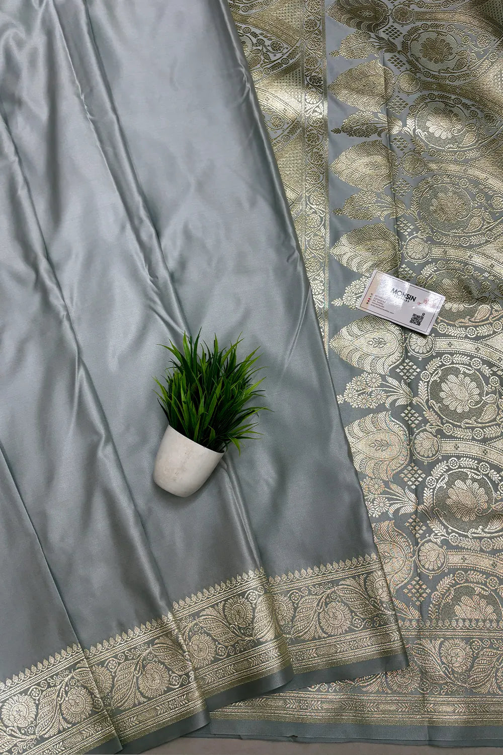 Grey Royal Plain Katan Satin Silk Banarasi Saree