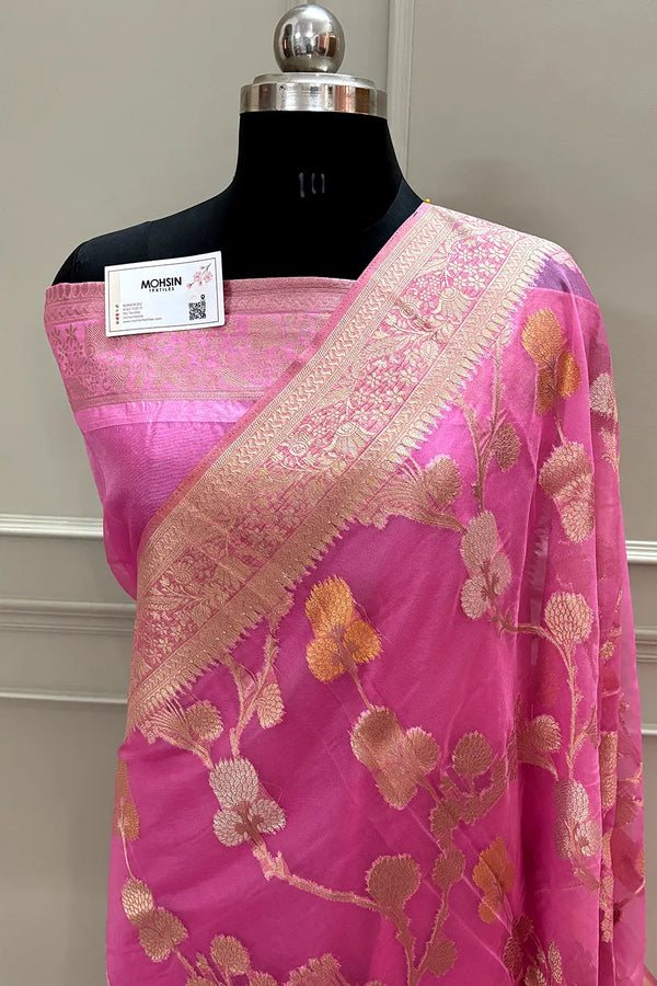 Baby Pink Golden Zari Organza Silk Banarasi Saree