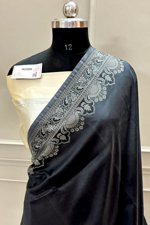 Black and Beige Plain Resham Silk Banarasi Saree