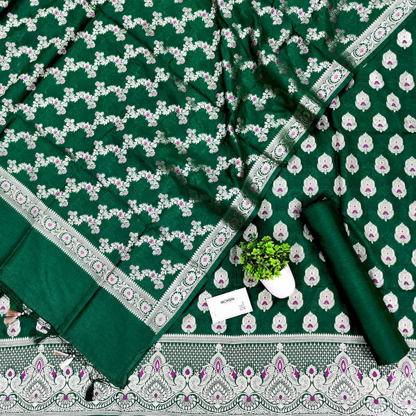 Bottle Green Chiretan Buti Katan Silk Banarasi Suit