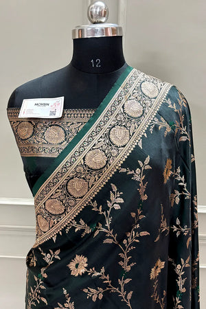 Bottle Green Golden Zari Katan Silk Banarasi Saree