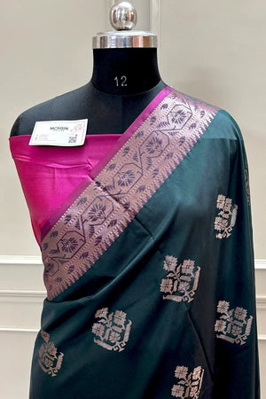 Bottle Green and Pink Golden Zari Banarasi Silk Saree
