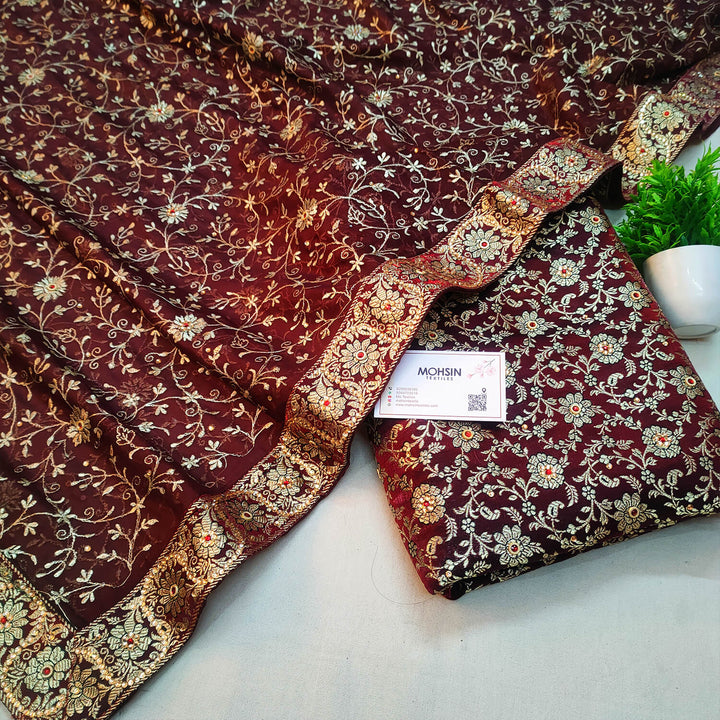 Dark Maroon Stone Work Kimkhab Silk Banarasi Gharara