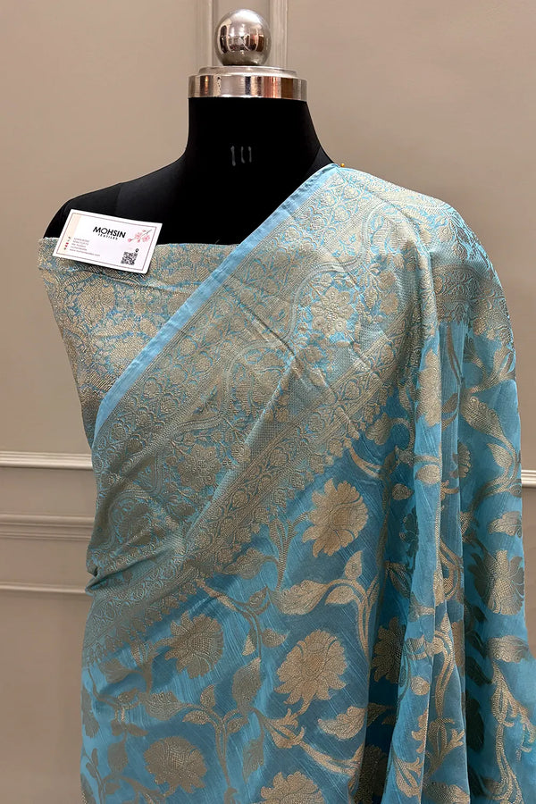 Firozi Golden Zari Chanderi Silk Banarasi Saree