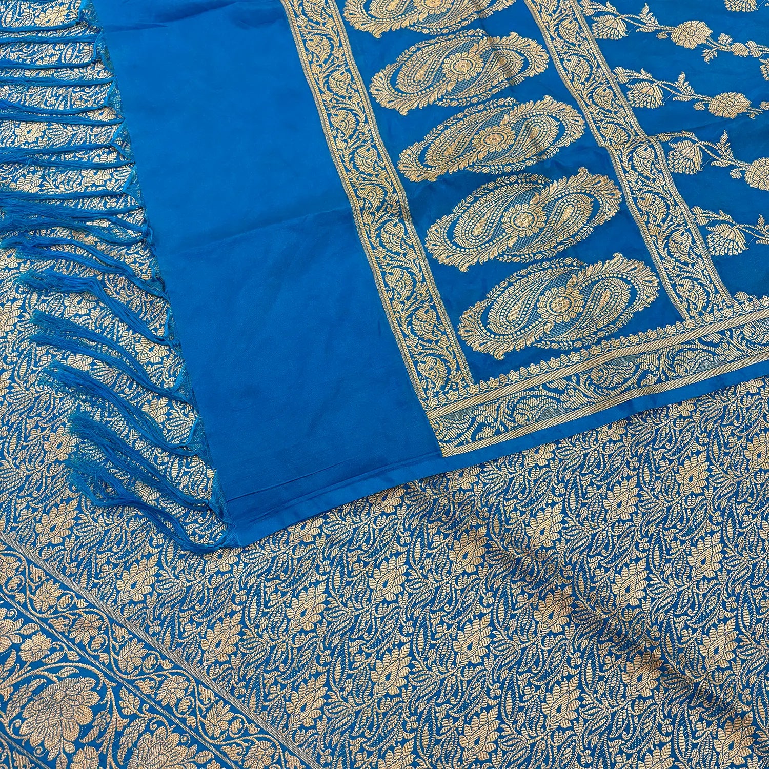 Firozi Golden Zari Katan Silk Banarasi Suit