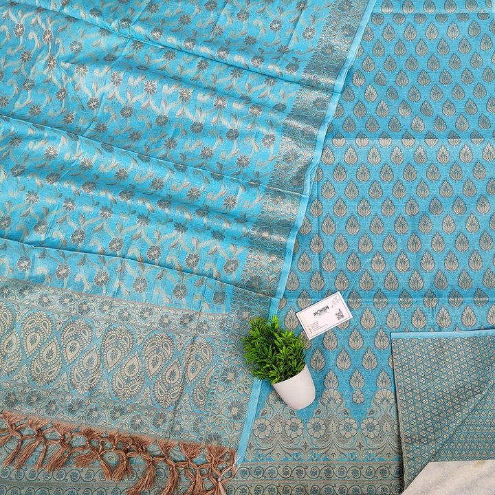 Firozi Resham Zari Cotton Silk Banarasi Suit