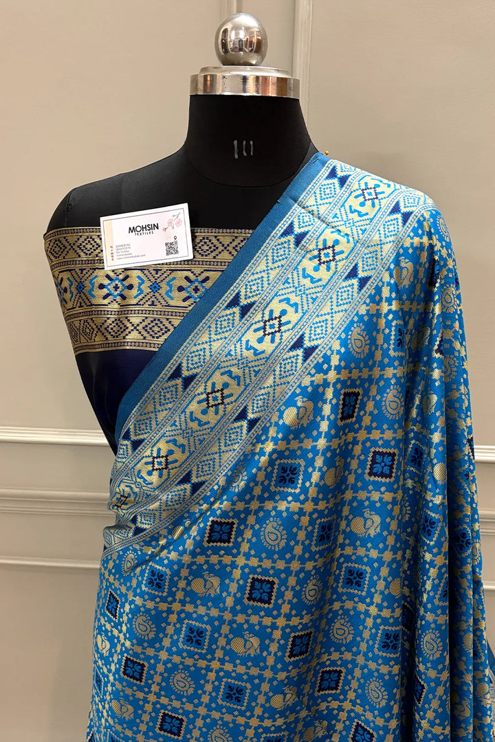 Firozi and Navy Blue Silky Banarasi Saree