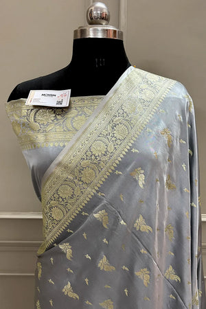 Grey Golden Zari Katan Silk Banarasi Saree