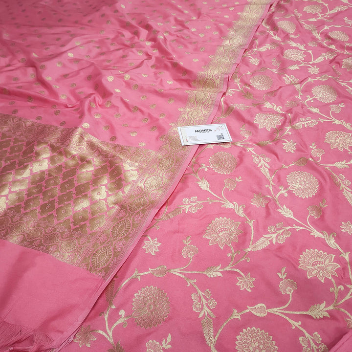 Light Pink Golden Zari Katan Silk Banarasi Suit