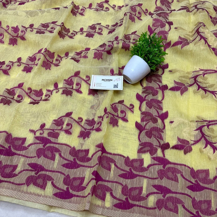 Light Yellow Resham Zari Linen Silk Banarasi Saree
